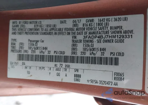 2017 Ford Fiesta Se z USA, uszkodzony, nr VIN 3FADP4BJ7HM129331